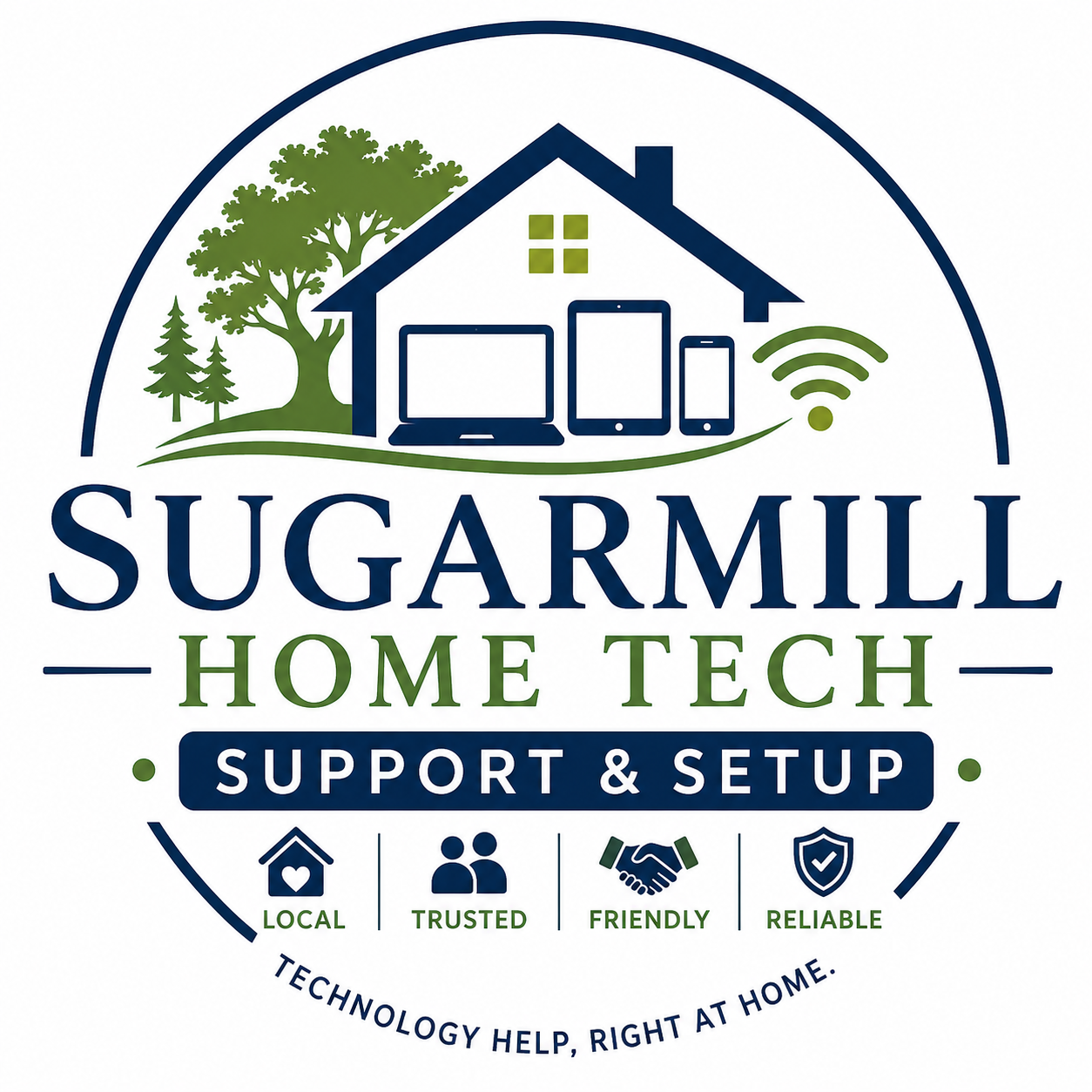 Sugarmill Home Tech logo with text "Support & Setup" and icons for local, trusted, friendly, and reliable services.
