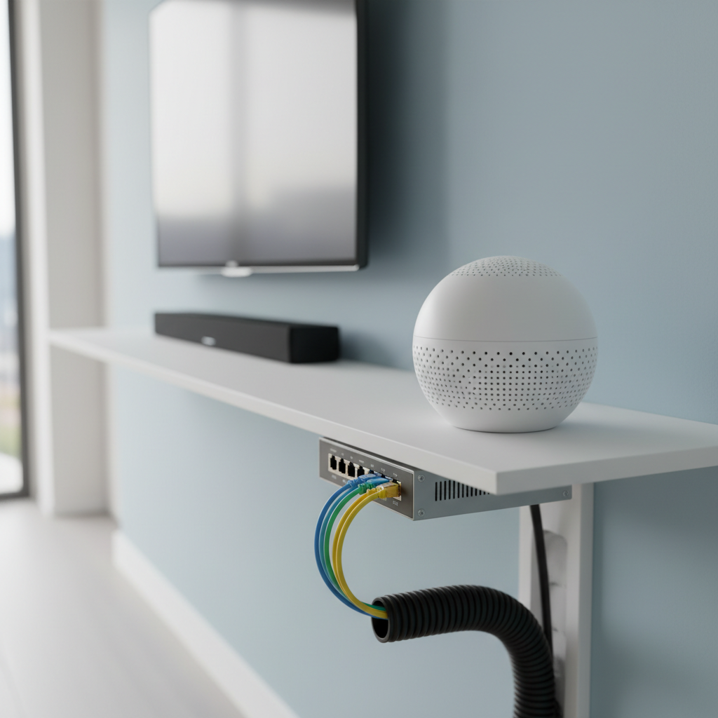 A close‑up, photographic image of a modern home Wi‑Fi setup on a minimalist white shelf: a matte white mesh router node with subtle ventilation patterns, a neatly labeled ethernet switch, and color‑coded cables carefully routed through a cable management sleeve. In the background, softly out of focus, a smart TV and soundbar sit against a smooth light‑blue accent wall. Soft, diffused morning light from an unseen window casts gentle shadows and emphasizes the clean lines of the hardware. The composition is centered with a slight three‑quarter angle, creating depth and clarity. The mood is orderly, professional, and trustworthy, illustrating a tidy, optimized network installed by expert home tech support.