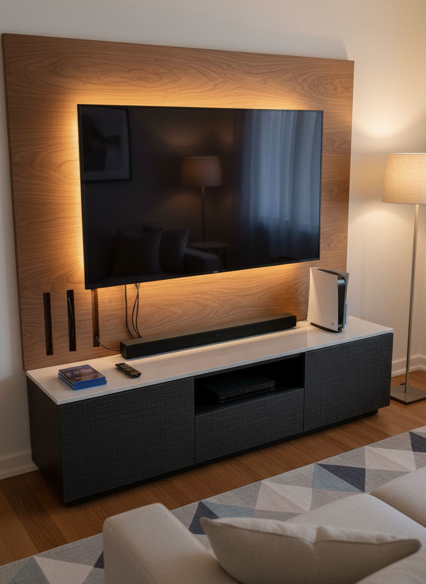 A professionally organized entertainment center in a cozy living room, showcasing a large 4K flat‑screen TV mounted on a walnut panel, a slim soundbar, streaming device, and game console, all with visible but meticulously managed cables running through discrete channels. A compact universal remote rests on a dark fabric media cabinet. Warm, indirect LED strip lighting behind the TV casts a soft halo on the wall, while a floor lamp provides gentle ambient illumination. Shot in photographic realism from a slightly elevated angle with sharp focus throughout, the composition highlights the harmony of devices and furniture. The mood is inviting and polished, conveying expert setup of TVs, streaming services, and home media systems.